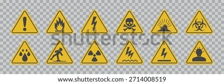 A collection of yellow warning signs depicting various hazards and potential dangers on a transparent background