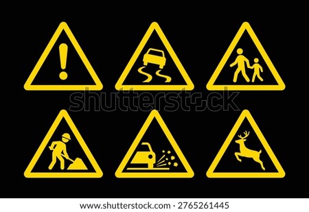 A collection of yellow warning signs depicting road hazards, pedestrians, construction, and wildlife
