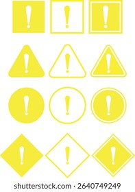 A collection of yellow warning signs with different shapes and border styles isolated on white