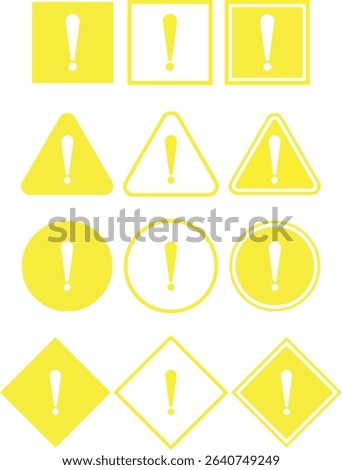 A collection of yellow warning signs with different shapes and border styles isolated on white