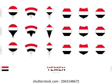 Collection of the Yemen flag in different shapes and with three different effects. Vector flag set.