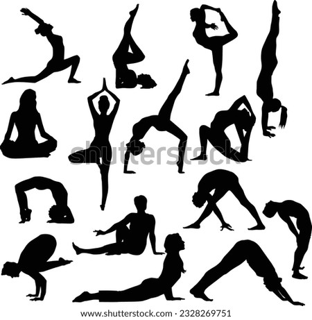 Collection of yoga assan silhouettes in different poses. Set of black icons of men and women standing in different yoga poses