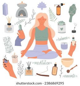 Collection of Yoga equipment. Hand drawn set of elements for meditation. Essential oils, candles, girl, incense sticks, aromatherapy. Vector 