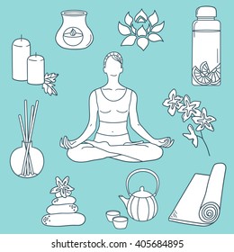 Collection of yoga icons, hand drawn objects. Set of objects design