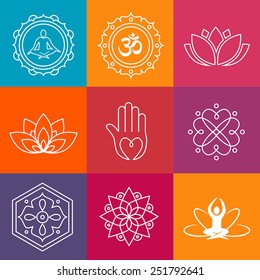 Collection of yoga icons and relaxation symbols.