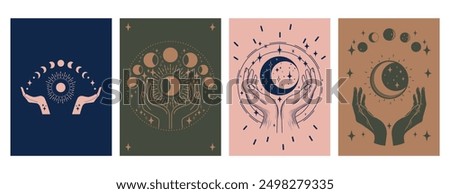 Collection of yoga illustrations in hand-drawn style. Esoteric and boho objects, hands and moon, yoga, moon phases, stars. Vector illustration