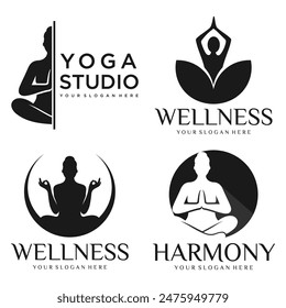 Kollektion des Yoga-Logos. Verschiedene Posen des Yoga. Design für Yogastudio. Vektorillustration