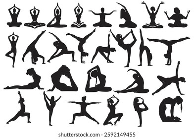 
A collection of yoga and meditation silhouette icons representing different mindfulness and relaxation poses. This vector set includes various postures used in meditation, stretching,