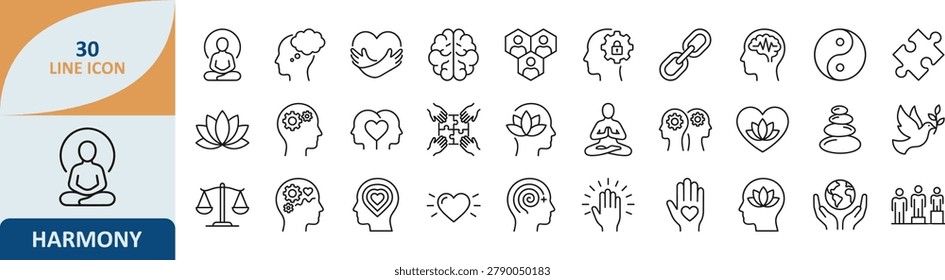 Collection of yoga and meditation vector outline icons with meditation wellness spirituality mindfulness lifestyle exercise practice religion buddhism philosophy physical training isolated