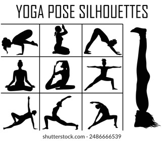 Collection of yoga pose silhouettes, perfect for fitness blogs, symetric boxes, and wellness content. This vector graphics highlights various yoga postures, promoting health and flexibility. EPS 10