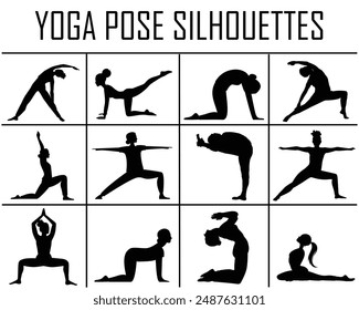 Collection of yoga pose silhouettes, perfect for fitness blogs, symetric boxes, and wellness content. This vector graphics highlights various yoga postures, promoting health and flexibility. EPS 10