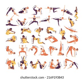 Collection of yoga poses. Illustrations of a girl doing yoga and stretching in a flat style.