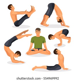 Collection of yoga poses with lotos pose in centre on white, bakasana, downward facing dog standing yoga pose, navasana pose, yoga stretching around on vector illustration. Healthy lifestyle
