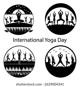 Collection of yoga poses silhouettes inside circles, featuring night starry sky, grass, birds design elements on transparent background.