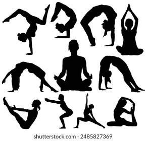 A collection of yoga silhouettes depicting various poses, ideal for fitness blogs, yoga studios, and wellness content. This versatile graphic highlights the diversity and flexibility of yoga practice.