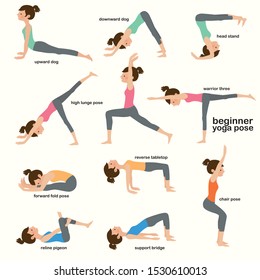 Collection yoga woman pose exercises, flat vector illustration