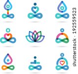 Collection of yoga, zen, meditation icons, colorful elements and symbols