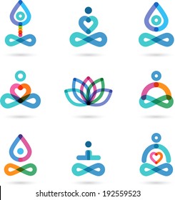 Collection of yoga, zen, meditation icons, colorful elements and symbols