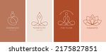 Collection of Yoga, Zen and Meditation logos, linear icons and elements. Bohemian style minimalist illustrations in pastel colors. Vector design