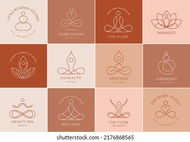 Collection of Yoga, Zen and Meditation logos, linear icons and elements. Bohemian style minimalist illustrations in pastel colors