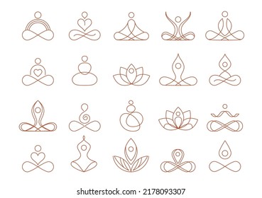 Collection of Yoga, Zen and Meditation logos, linear icons and elements. Bohemian style minimalist illustrations in pastel colors