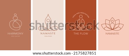Collection of Yoga, Zen and Meditation logos, linear icons and elements. Bohemian style minimalist illustrations in pastel colors. Vector design