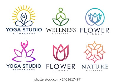 Collection of Yoga , Zen , Spa and Meditation logos , icons and elements . Style minimalist . Vector illustration