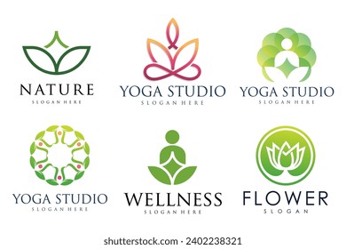 Collection of Yoga , Zen , Spa and Meditation logos ,icons and elements . Style minimalist . Vector illustration