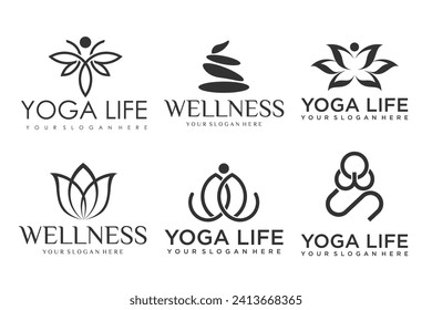 Collection of Yoga, Zen, Spa and Meditation logos, icons and elements . Style minimalist. Vector illustration