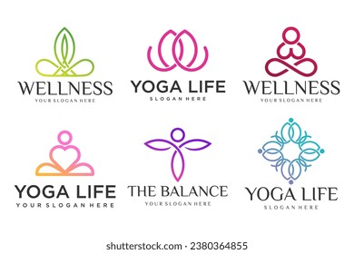 Colección de logotipos Yoga, Zen y Meditación, iconos lineales y elementos.estilo minimalista.Diseño vectorial