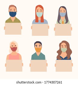 Collection yong people holding clean placards. Bundle of male and female cartoon characters demonstrating empty banners.Vector hand drawn illustation.