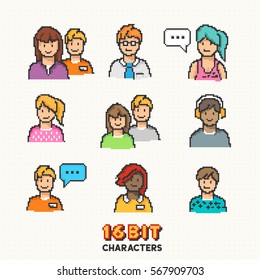 A collection of young adult characters in 16-bit graphics. Vector illustration