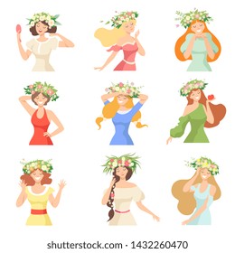 Collection of Young Beautiful Women with Flower Wreaths, Portraits of Happy Elegant Girls with Floral Wreaths Vector Illustration