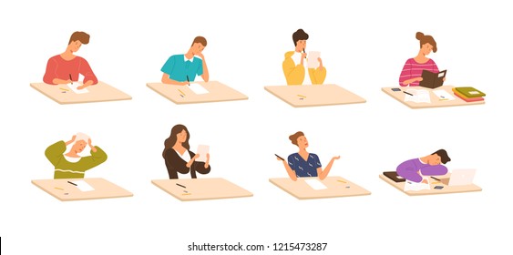 Collection of young boys and girls sitting at desks, reading books, writing school test, sleeping. Set of children or students preparing for exams. Colorful vector illustration in flat cartoon style.