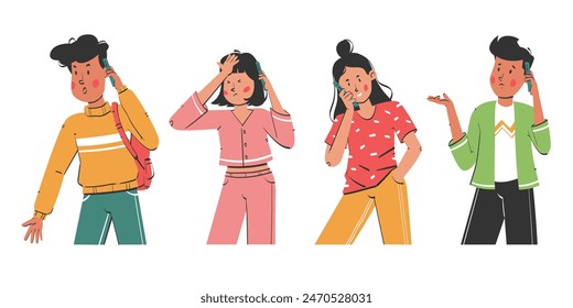 Collection of young characters with cell phones, the concept of teen smartphone communication. Male and female teenagers holding cell phones chatting.