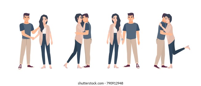 Collection of young couple standing in various poses. Bundle of man and woman embracing, hugging, holding hands. Set of flat cartoon characters isolated on white background. Vector illustration.