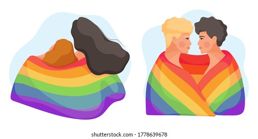 Collection of young couples hugging with rainbow flag. Concept of equal rights for the lgbt community. Vector illustration.