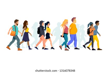 A collection of young couples walking together. Vector people illustration.