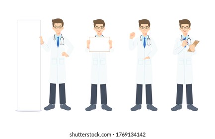 Collection of young doctor in the work unifrom in many pose, simple character for coronavirus situation or hospital or healthy concept, isolated vector illustration