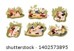 Collection of young and elderly people at picnic. Bundle of happy men, women and children eating meals outdoors. Set of friends, families and couples having lunch. Flat cartoon vector illustration.