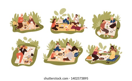 Collection of young and elderly people at picnic. Bundle of happy men, women and children eating meals outdoors. Set of friends, families and couples having lunch. Flat cartoon vector illustration.