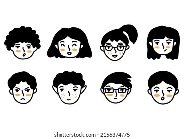 Collection of young girls and guys with different facial expressions. Black and white vector isolated illustration set hand drawn. Student or teenager doodle. Gloom and surprise, laughter
