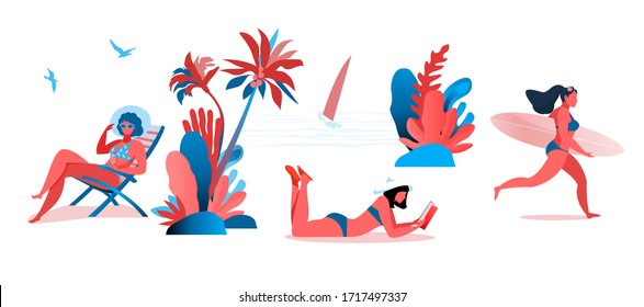 Collection of young girls on the beach on vacation  in swimsuits, in a sunbed, surfing, palm trees, elements of recreation on the sea. Colorful flat vector illustration.