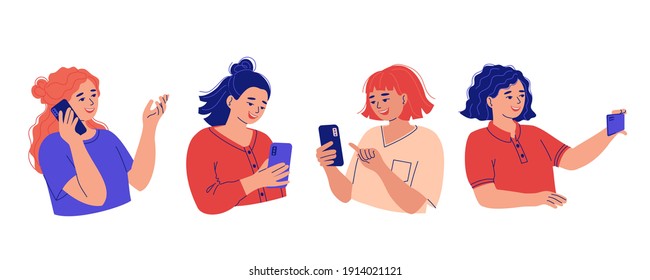 Collection of young happy smiling women using smartphones, chatting, taking selfies, making call. People talk and type on the phone. Set of female avatars. Vector flat cartoon illustration.