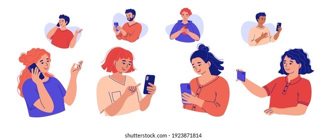 Collection of young happy smiling women using smartphones, chatting, making video call, calling their boyfriends. Couples, colleagues, friends communicate by phone. Vector flat cartoon illustration.