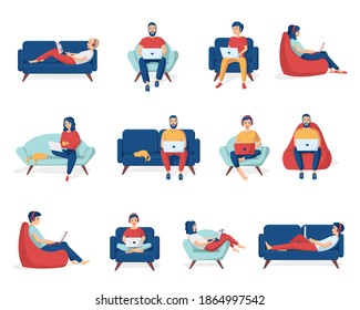 Collection of young man and woman sitting with a laptop on sofa and armchair. Concept of remote work from home, freelance, distance education, e-learning. Set of isolated vector illustrations