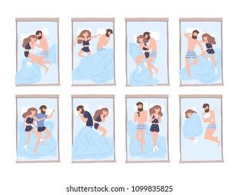 Collection of young man and woman sleeping on bed in various poses. Bundle of cute couple lying in different postures during night rest. Flat cartoon characters. Colorful vector illustration