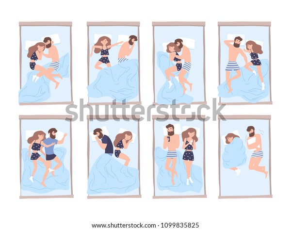 様々なポーズで寝る若い男女のコレクション 夜休みの間に様々な姿勢で寝転がっている可愛い夫婦の束 平らな漫画のキャラクター カラフルなベクターイラスト のベクター画像素材 ロイヤリティフリー