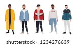 Collection of young men dressed in fashionable clothes isolated on white background. Set of guys wearing trendy apparel. Bundle of street style outfits. Flat cartoon colored vector illustration.
