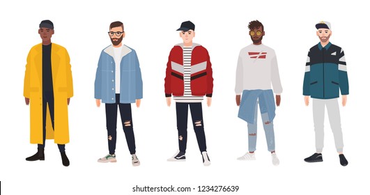 Collection of young men dressed in fashionable clothes isolated on white background. Set of guys wearing trendy apparel. Bundle of street style outfits. Flat cartoon colored vector illustration.